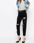 Asos Original Mom Jeans In Washed Black With Rips And Busts - Washed Black