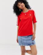 Adidas Sleek Three Stripe T-shirt In Red - Red
