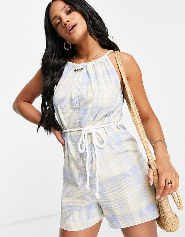 Asos Design Rope Belted Romper In Plaid Print-multi