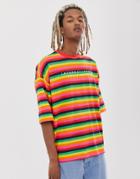 Asos Design Organic Cotton Oversized T-shirt In Rainbow Stripe With Embroidery - Multi