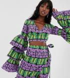 Ttya Ruffle Sleeve Plunge Front Crop Top In Multi Geo Print - Multi