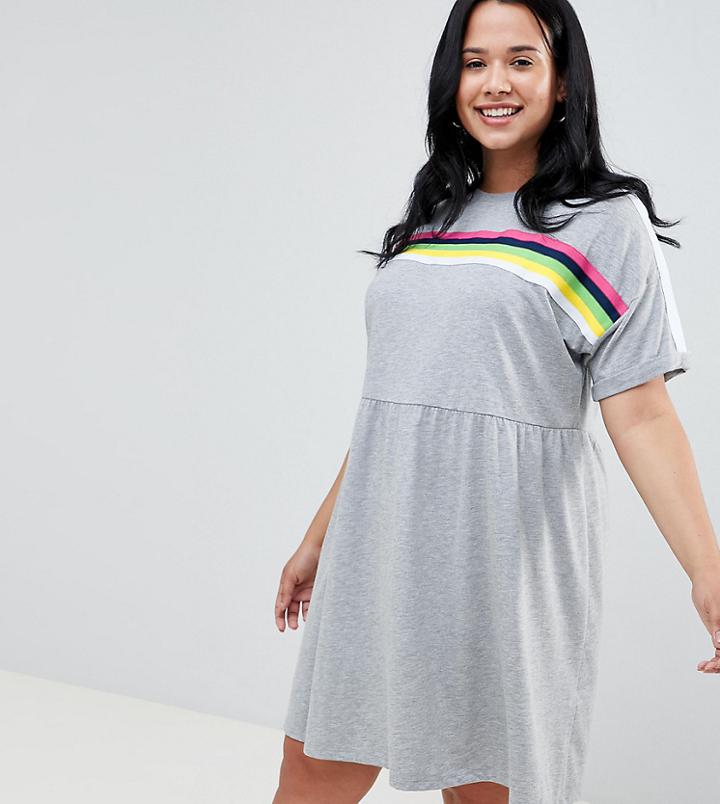 Asos Design Curve Mini Smock Dress With Rainbow Tipping - Gray