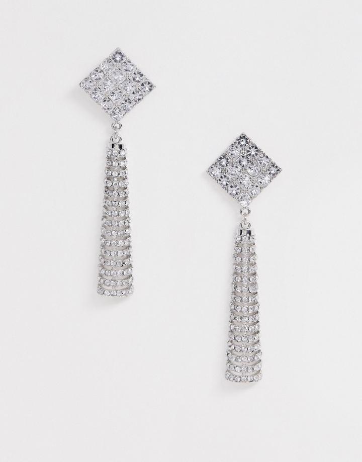 Asos Design Earrings With Crystal Stud And Bar Drop In Silver Tone - Silver