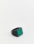 Icon Brand Black Signet Ring With Green Stone - Black