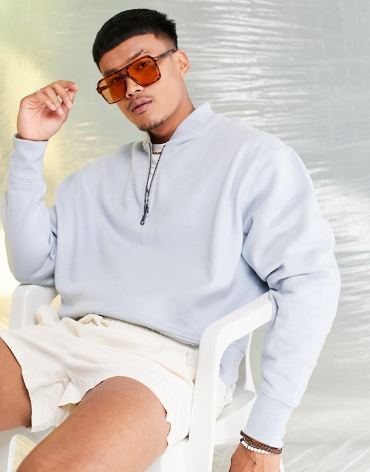 Asos Design Heavyweight Oversized Half Zip Bomber Sweatshirt In Blue - Part Of A Set