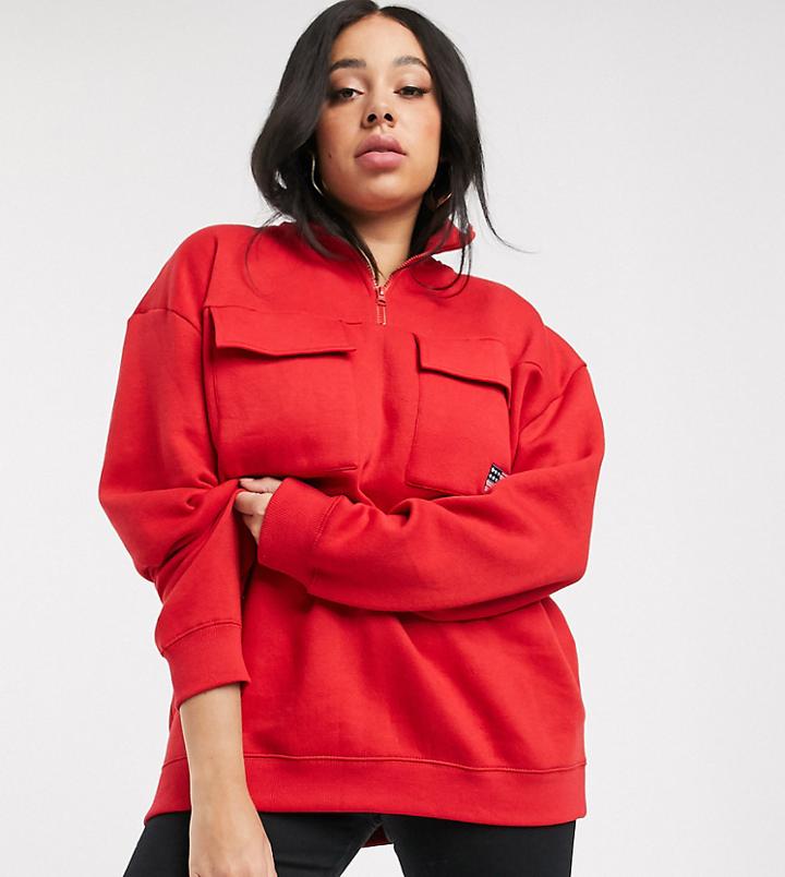 Daisy Street Plus Half Zip Sweatshirt With Utility Pockets And Flag Embroidered Badge