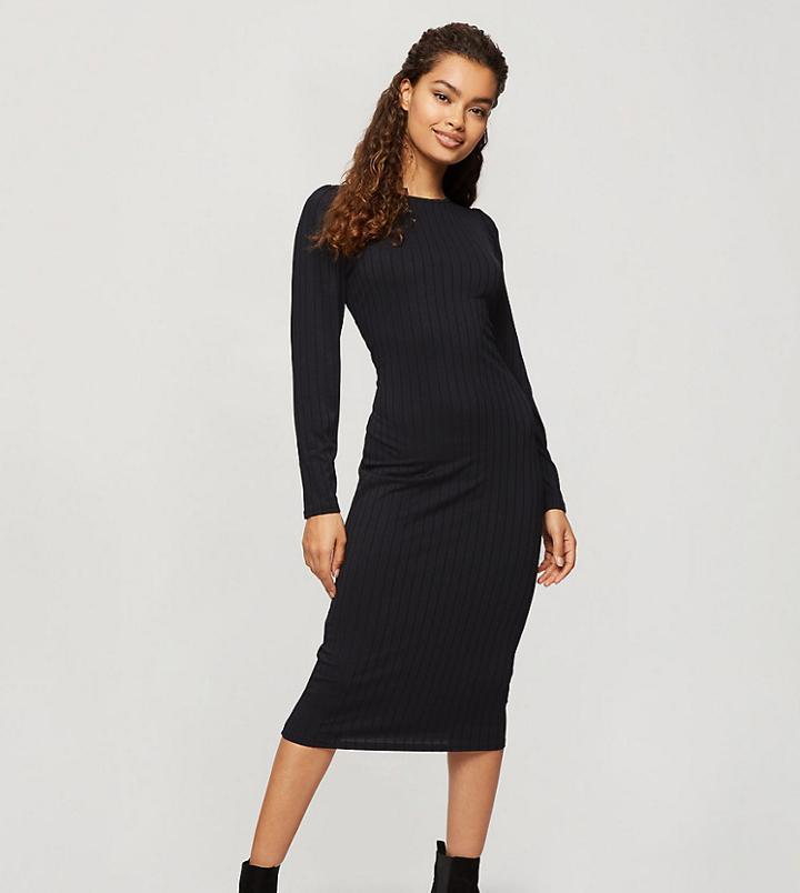 Miss Selfridge Petite Ribbed Midi Dress In Black