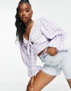 Asos Design Cut Out Top With Shirred Waist In Lilac Gingham-multi