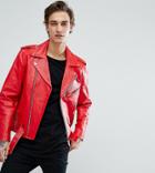 Reclaimed Vintage Inspired Real Leather Biker Jacket - Red