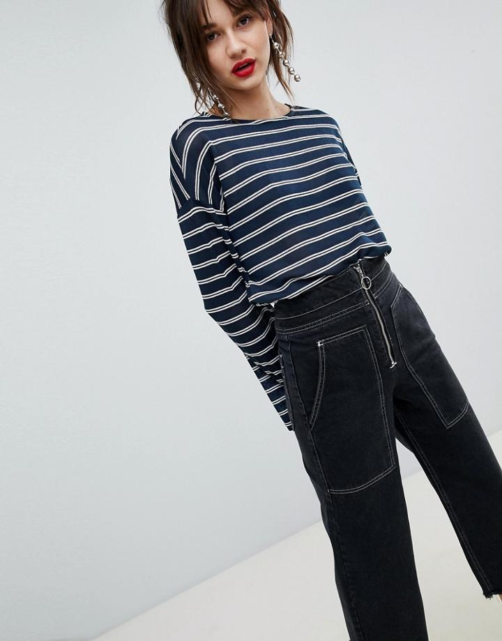 Vero Moda Striped Sweater With Fluted Sleeve - Navy