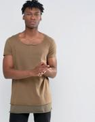 Asos Super Longline T-shirt With Contrast Hem And Raw Scoop Neck In Brown - Brown