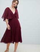 Asos Design Midi Dress With Pleat Skirt And Flutter Sleeve - Red