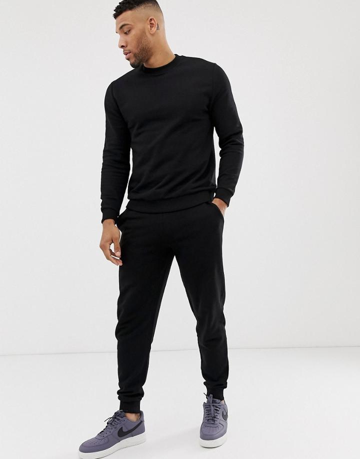 Asos Design Tracksuit Sweatshirt / Tapered Sweatpants In Black - Black