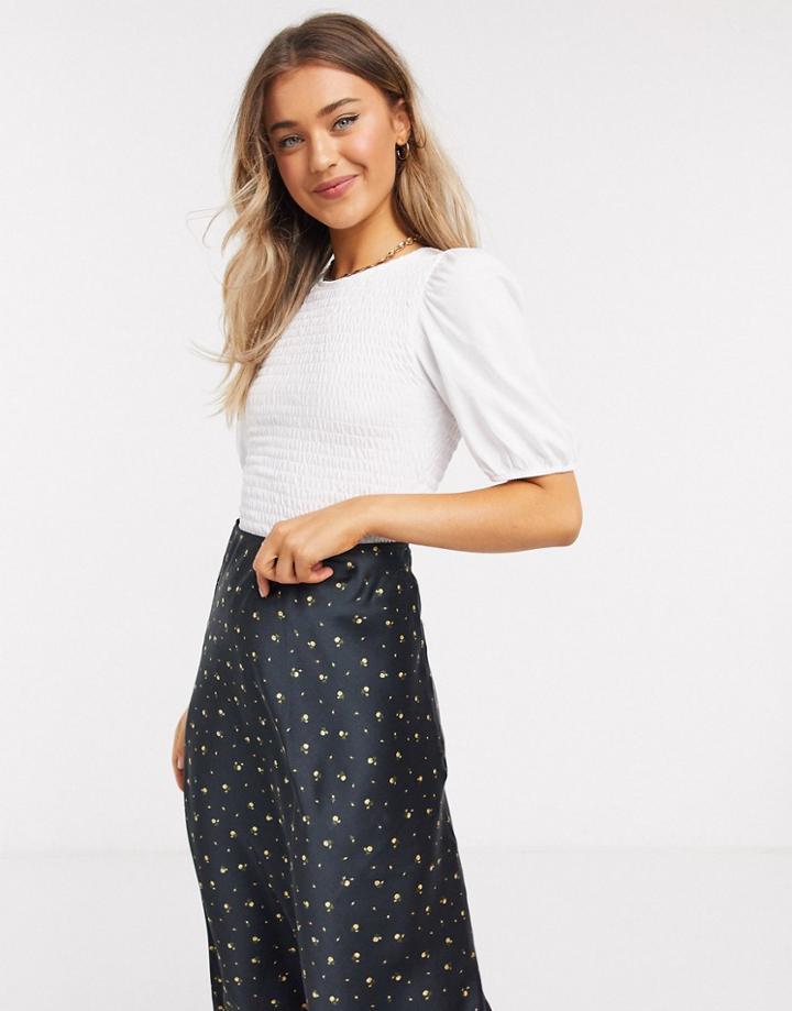 Pieces Shirred Top With Puff Sleeves In White