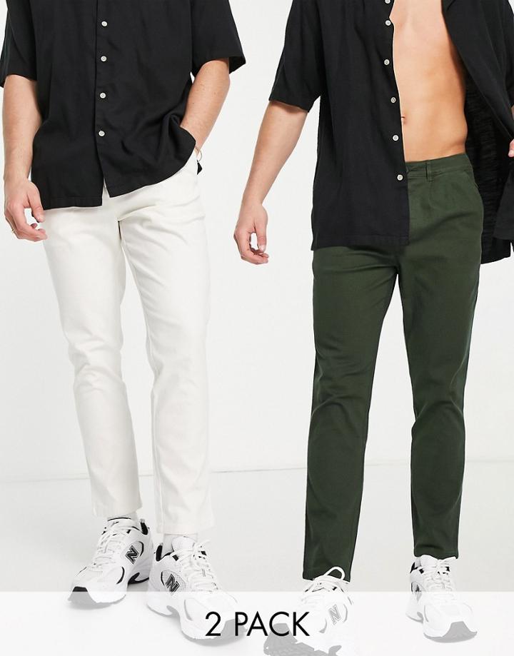 Asos Design 2 Pack Cigarette Chinos In Off White And Khaki Save-multi