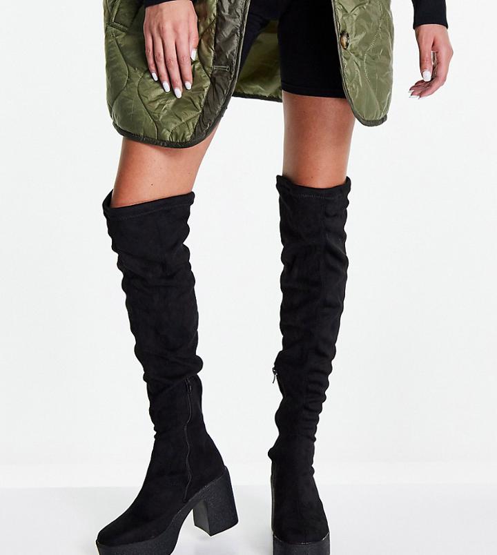 Truffle Collection Wide Fit Chunky Platform Over The Knee Boots In Black