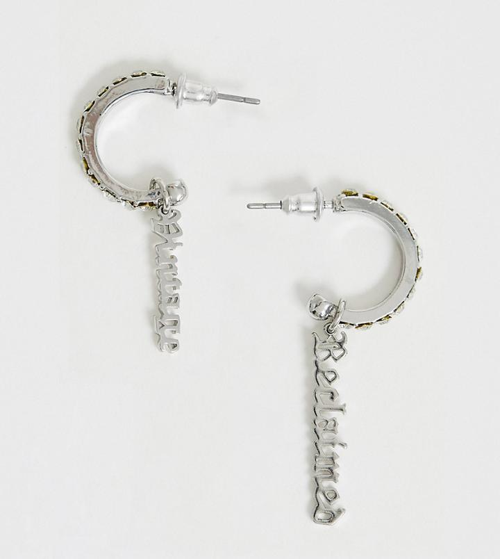 Reclaimed Vintage Inspired Hoop Earring With Crystal And Logo Detail-silver