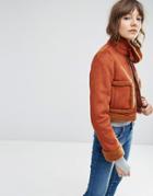 Asos Cropped Faux Shearling Jacket With Funnel Neck - Orange