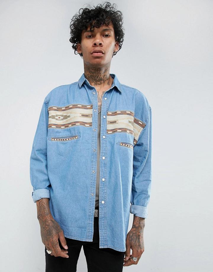 Asos Oversized Denim Shirt With Aztec Print - Blue