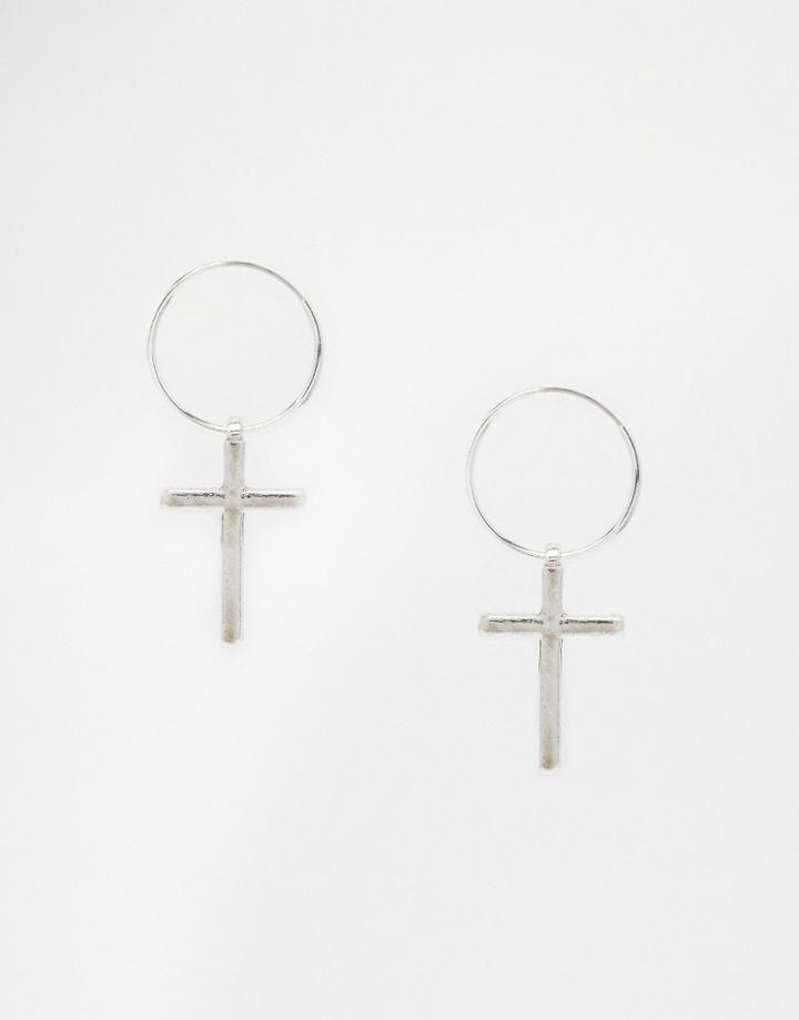 Asos Cross Charm Hoop Earrings - Antique Silver