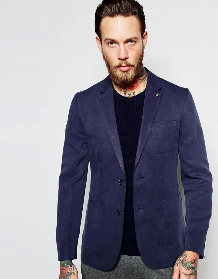 Ted Baker Linen Mix Blazer In Slim Fit - Blue