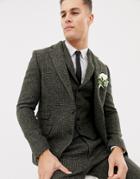 Asos Design Slim Suit Jacket In 100% Wool Harris Tweed Khaki Micro Check - Green