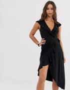Asos Design Frill Detail Wrap Midi Dress-black