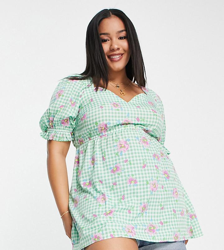 Yours Puff Sleeve Blouse In Green Floral