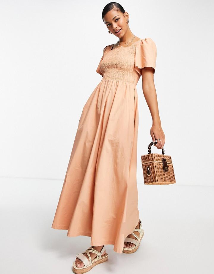 Pieces Cotton Shirred Maxi Tea Dress In Sand-orange