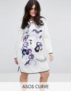 Asos Curve Premium Embroidered Mini Shift Dress With Blouson Sleeve - Multi
