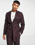 Asos Design Slim Belted Suit Jacket In Burgundy Pinstripe-red