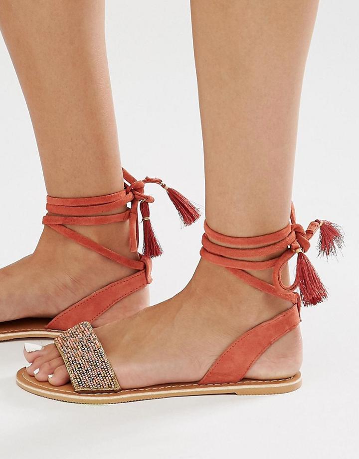 New Look Beaded Ankle Tie Flat Sandal - Multi