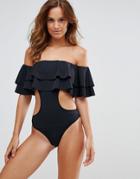 Lipsy Cut Out Swimsuit With Ruffles - Black