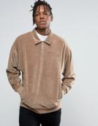 Asos Sweatshirt With Half Zip And Collar In Velour - Beige
