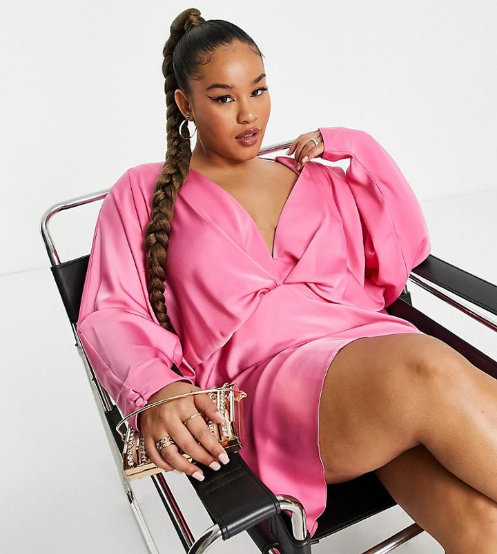 Asos Design Curve Batwing Satin Mini Dress With Bias Cut Skirt And Tie Back In Pink