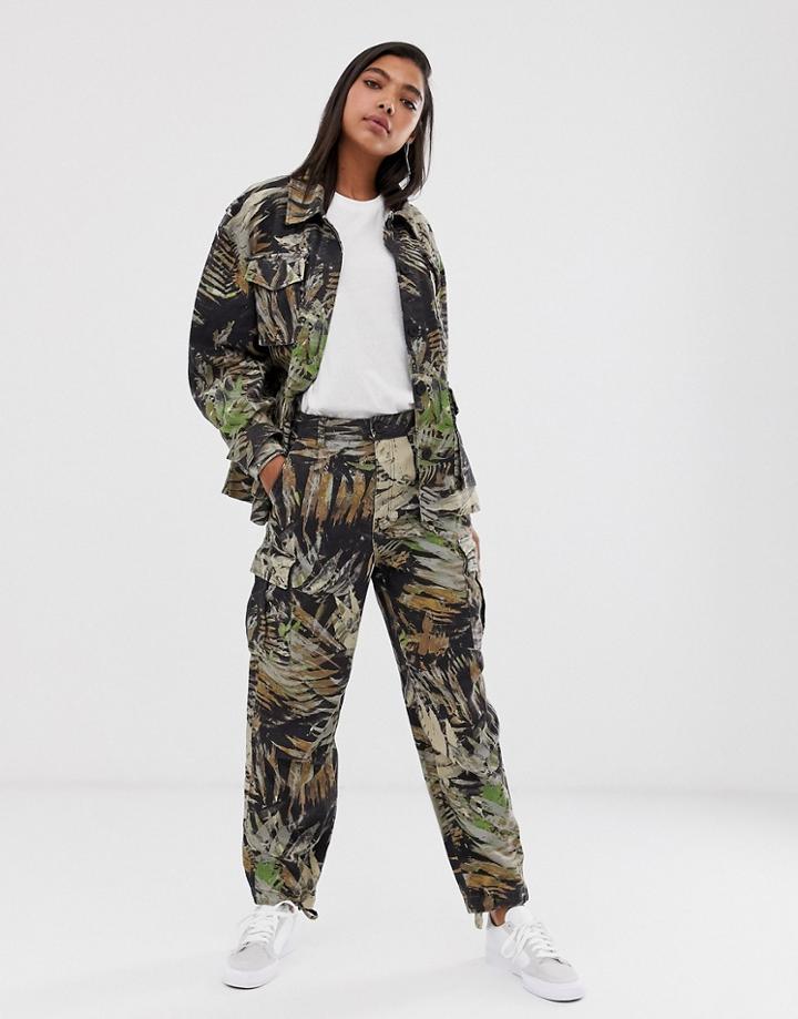 Weekday Tropical Camo Print Cargo Pants In Khaki Green-multi