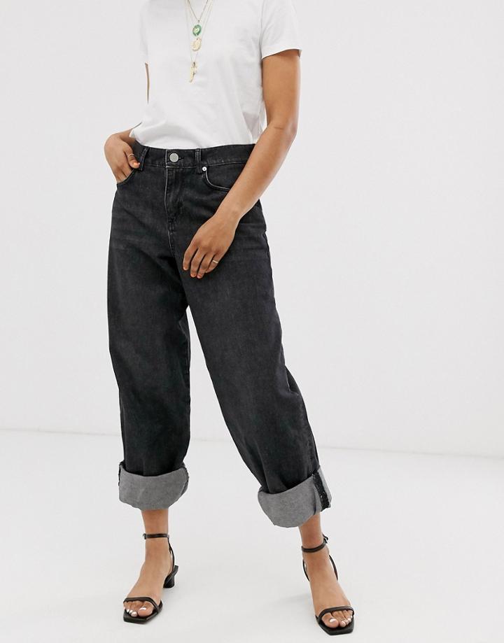 Asos Design Ovoid Boyfriend Jeans In Washed Black With Deep Turn Up Hem - Black