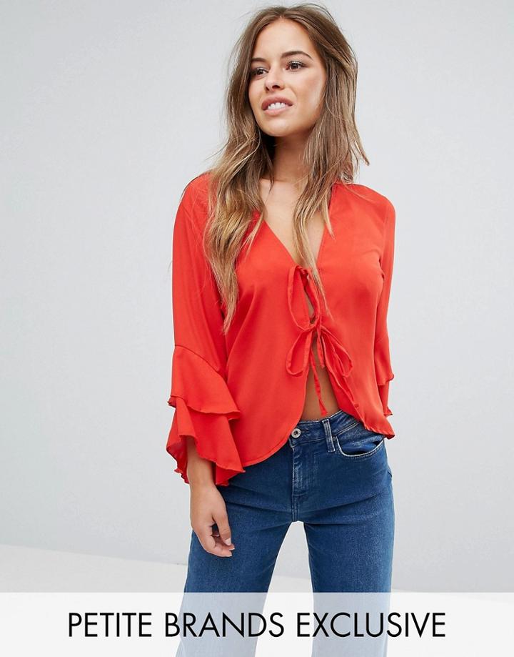 John Zack Petite Tie Front Blouse With Ruffle Sleeve - Pink