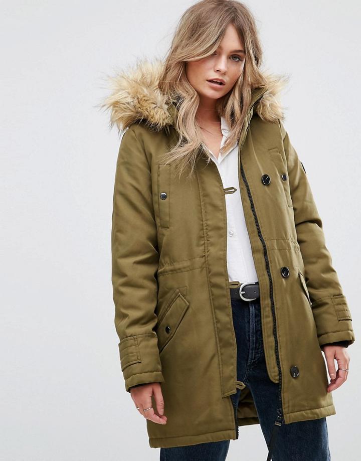 Vero Moda Faux Fur Hooded Parka - Green