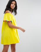 Asos Off Shoulder Swing Sundress With Bright Pom Poms - Yellow