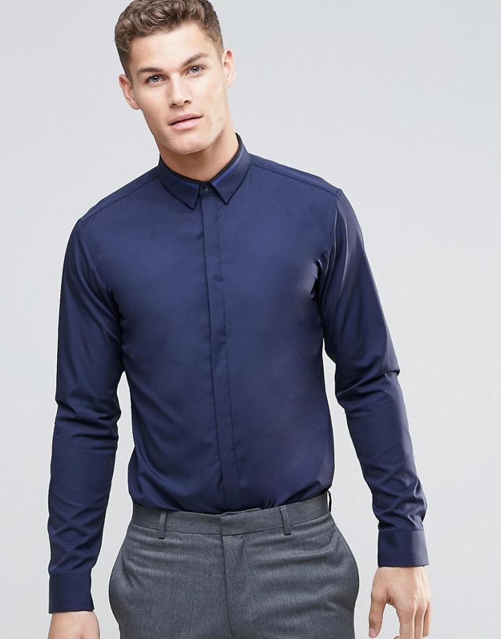 Hugo By Hugo Boss Smart Shirt With Collar Insert In Navy Slim Fit - Navy