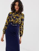 River Island Pencil Dress With High Neck In Chain Print-navy