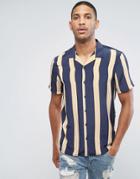 Asos Regular Fit Retro Stripe Shirt With Revere Collar - Navy