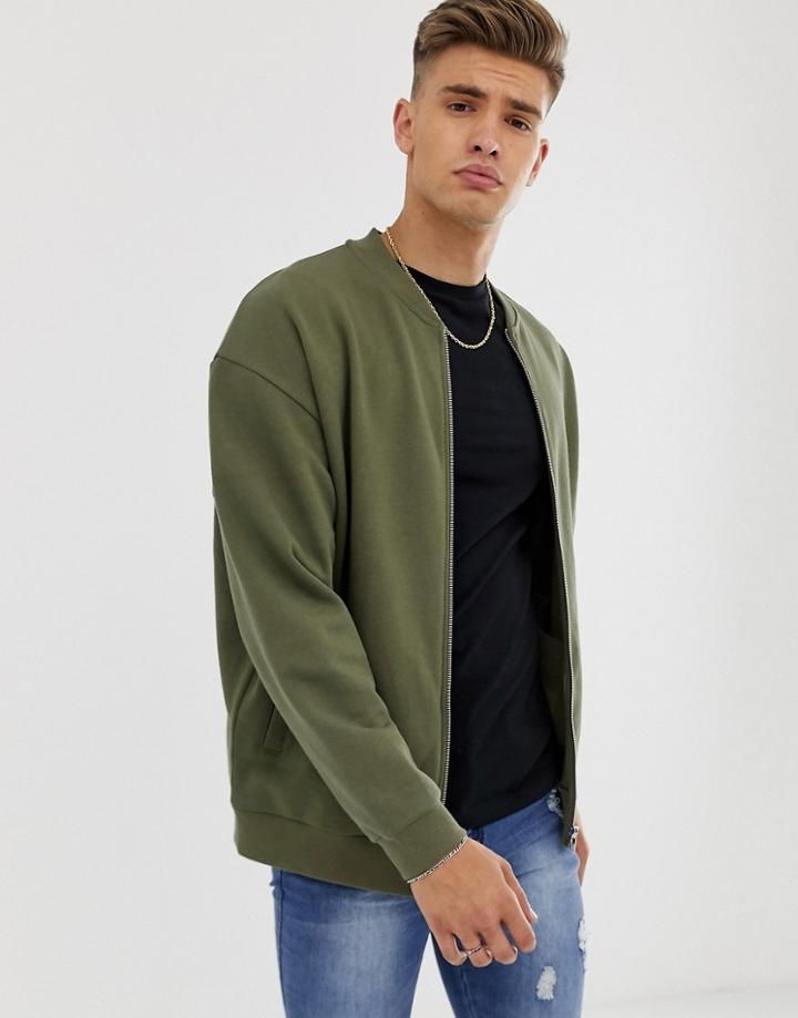 Asos Design Oversized Jersey Bomber Jacket In Khaki - Green