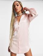 Asos Design Slouchy Satin Plunge Shirt Mini Dress-pink