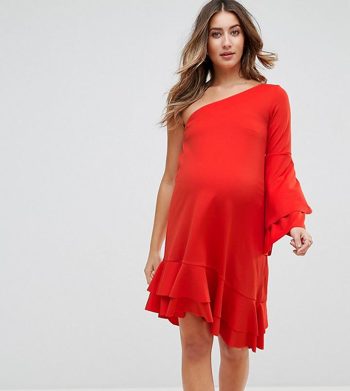 Gebe Maternity One Shoulder Mini Dress With Frill Detail - Red
