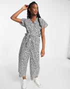 Monki Rocco Organic Cotton Tie Waist Floral Jumpsuit In Black & White-multi