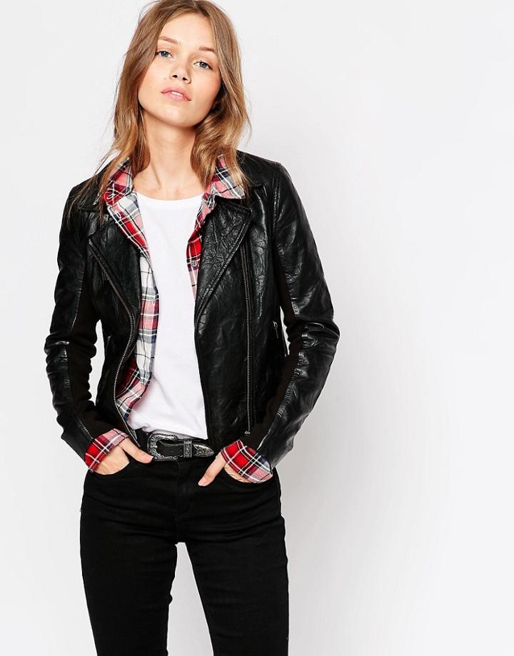 Muubaa Elasticated Paneled Leather Biker Jacket - Black