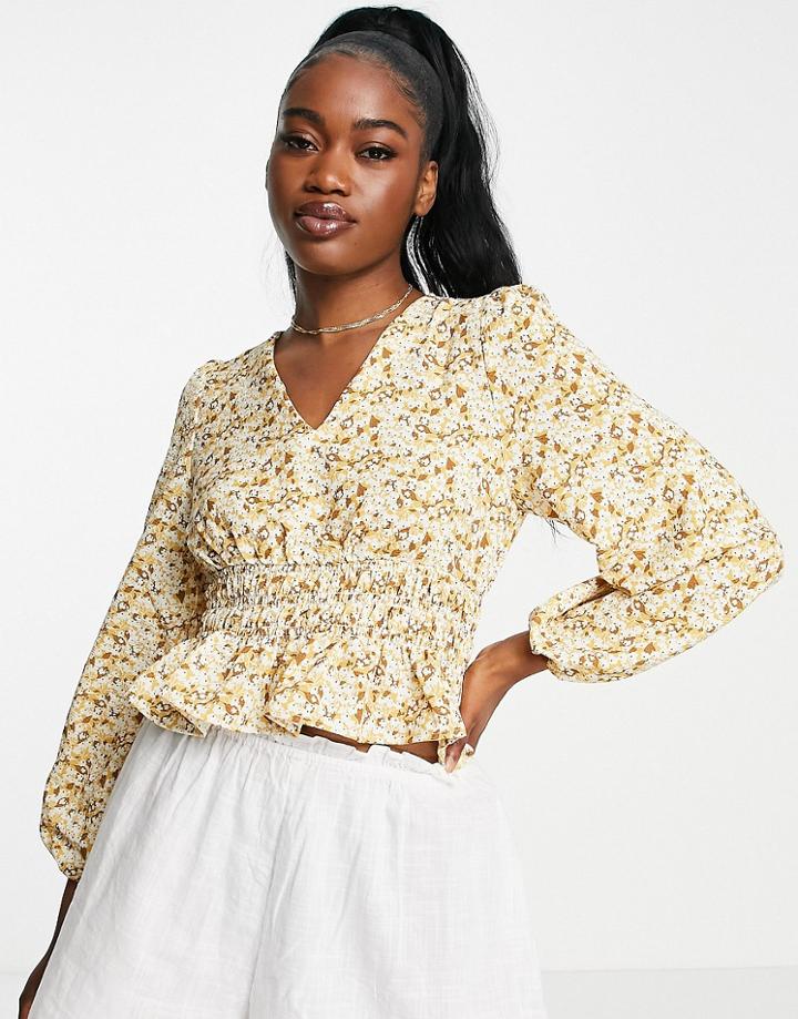 Urban Revivo Smock Detail Blouse In Yellow Floral Print