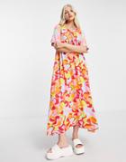 Native Youth V-neck Swing Smock Maxi Dress In Contrast Retro Print-multi
